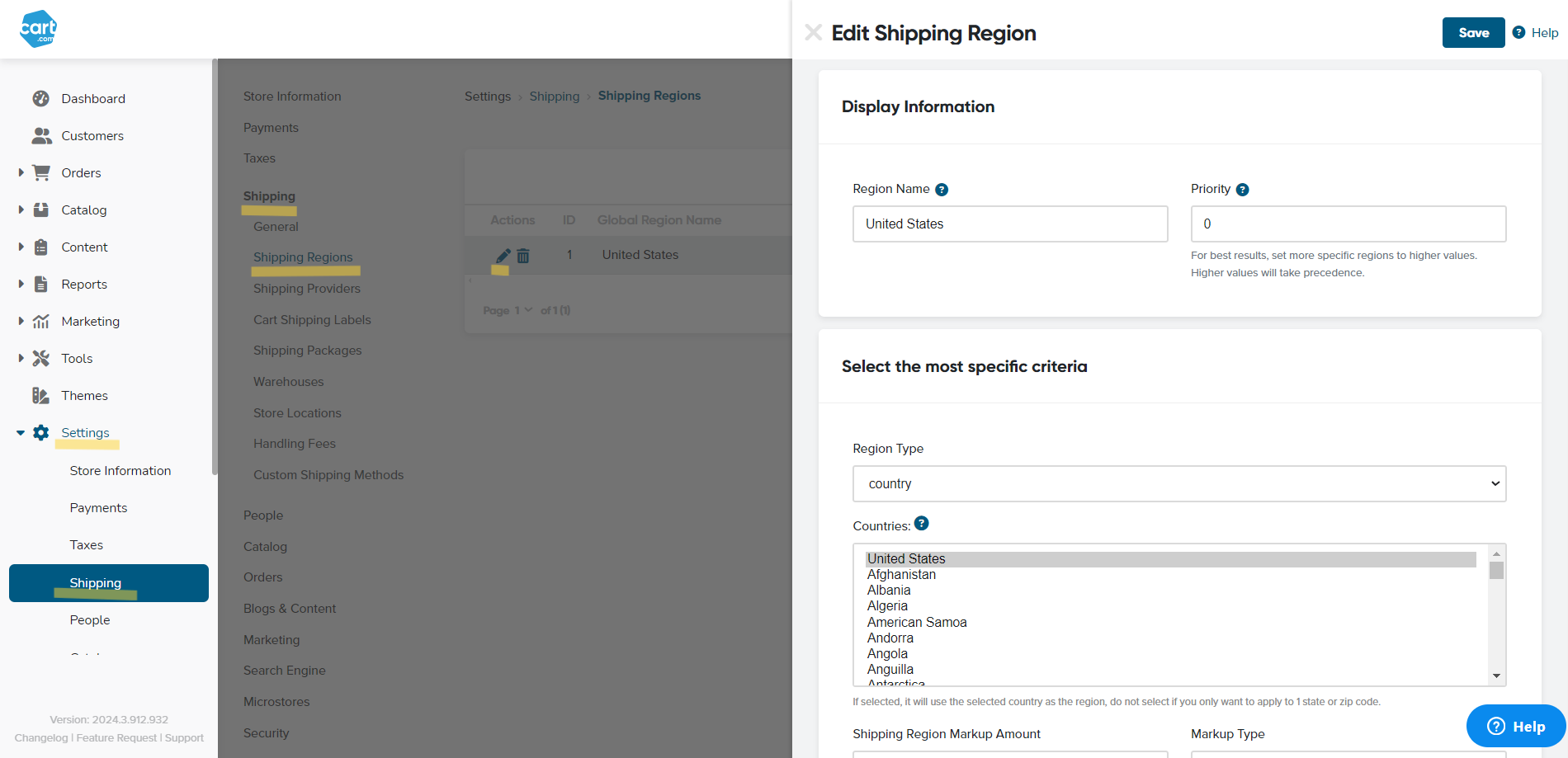 Shipping Regions, Shipping, B2B Portal